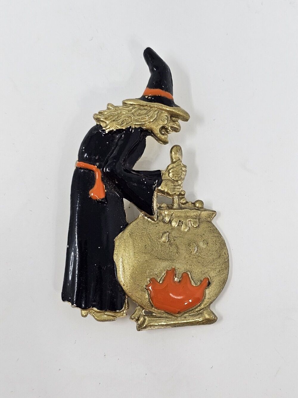 JJ Jonette Style WITCH Cauldron Halloween BROOCH Pin Fire Potion Enamel Jewelry